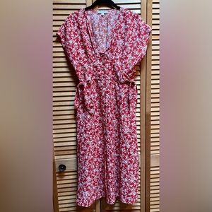blu pepper Orange Floral Midi Dress with Side Ties and Buttons